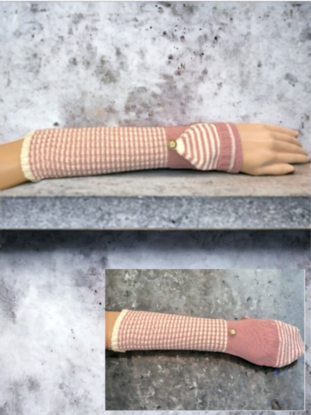 MANTARAY -- Mitten/Gloves, Pink & White Stripe Elbow Length "Hoodie" Gloves, NWT